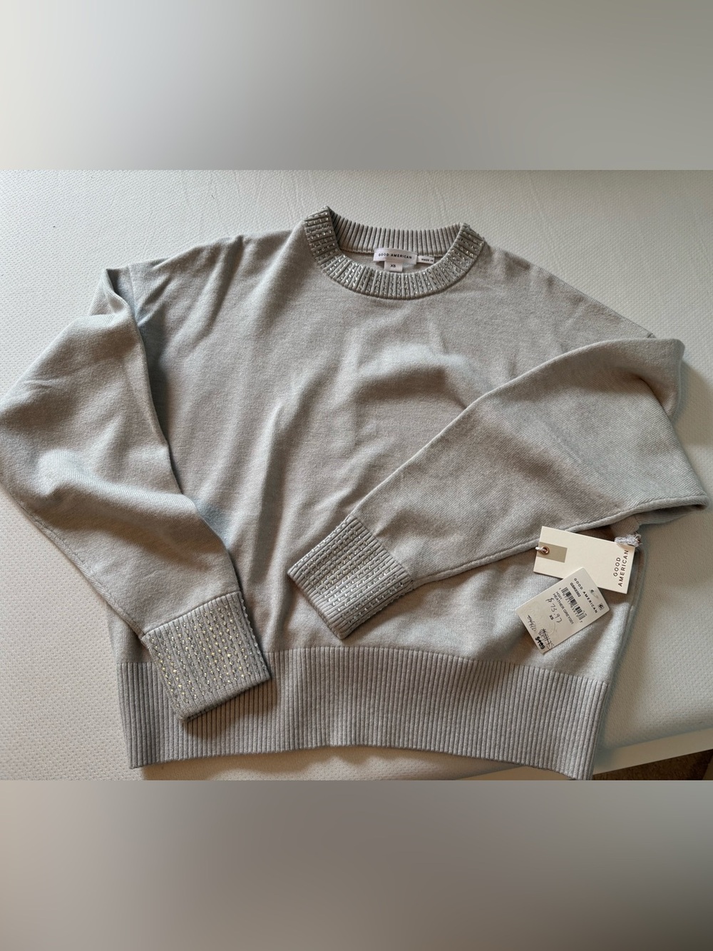Good American Light Gray Crewneck Sweater with Rhinestone Trim